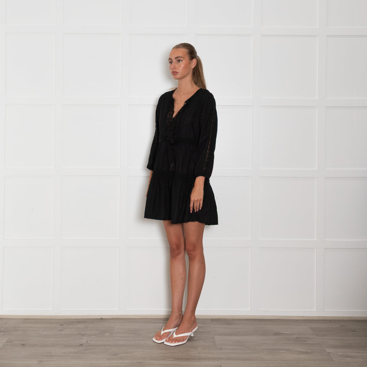 Melissa Odabash Black Embroidered Short Kaftan Dress