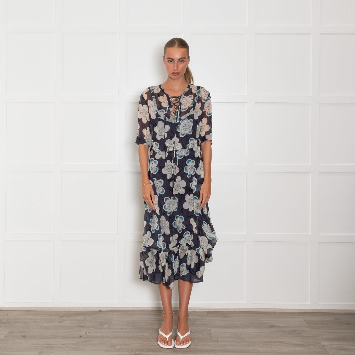 Emporio Armani Blue White Floral Silk Midi Dress