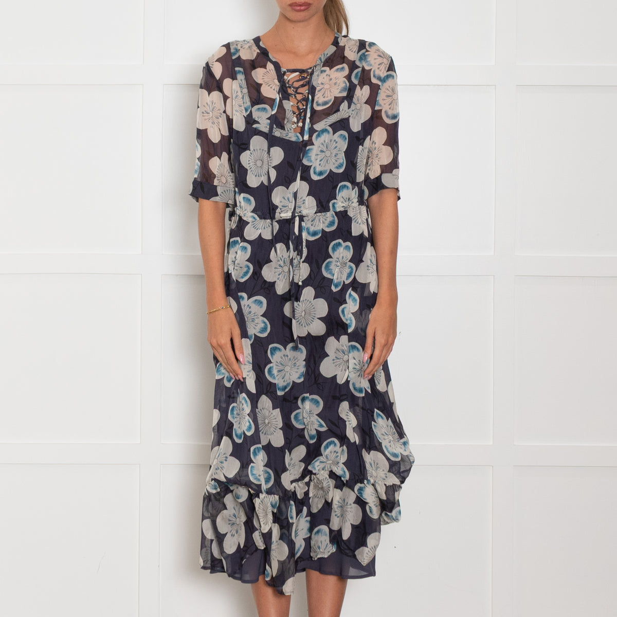 Emporio Armani Blue White Floral Silk Midi Dress