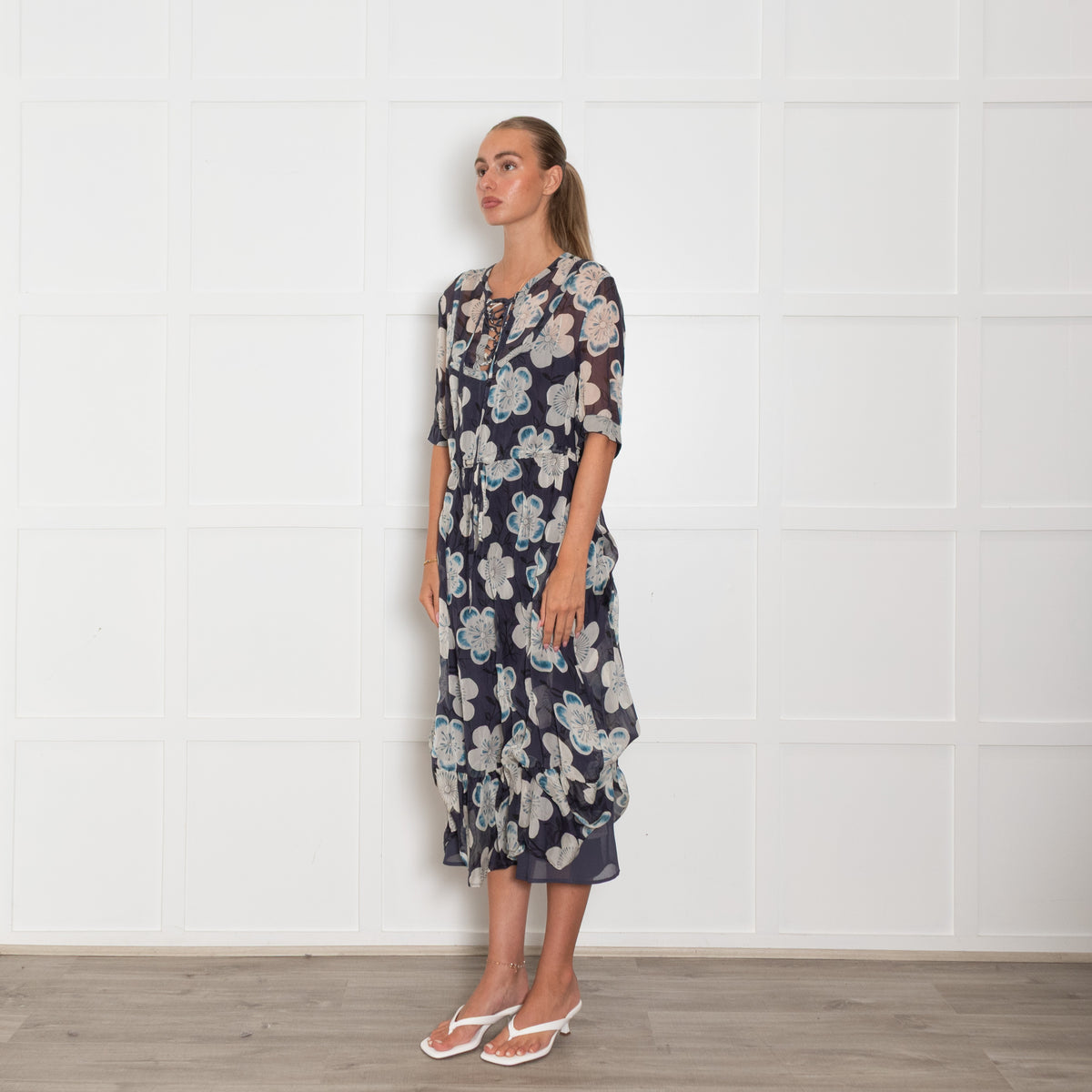 Emporio Armani Blue White Floral Silk Midi Dress