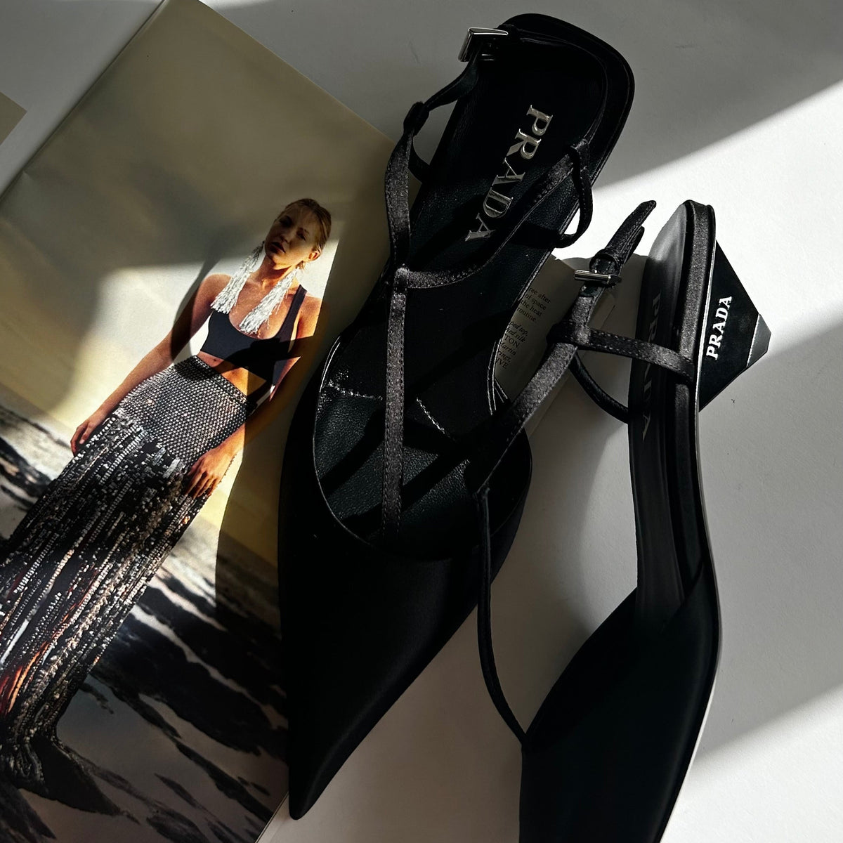 Prada Black Satin Logo Pointed-Toe Court Shoes