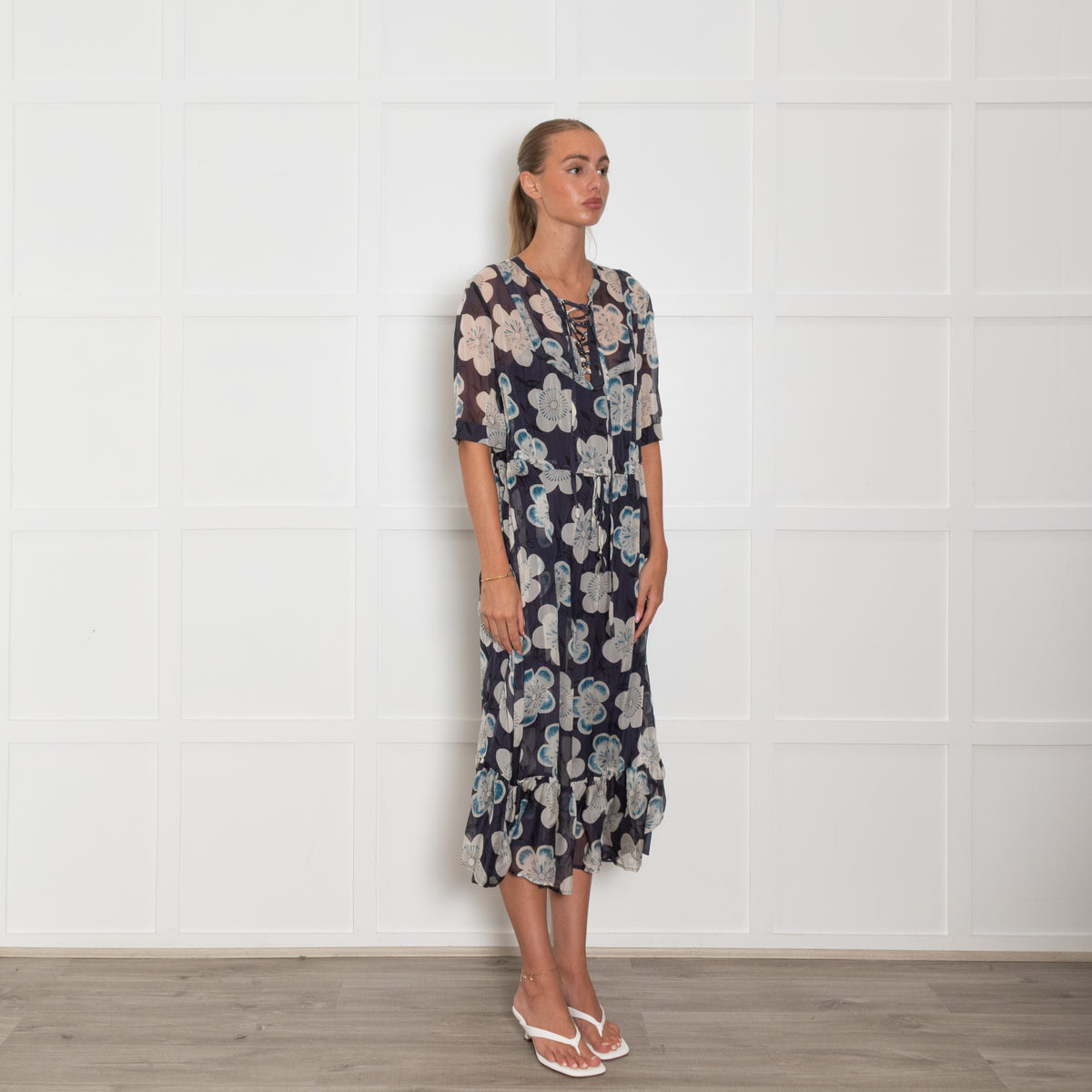 Emporio Armani Blue White Floral Silk Midi Dress