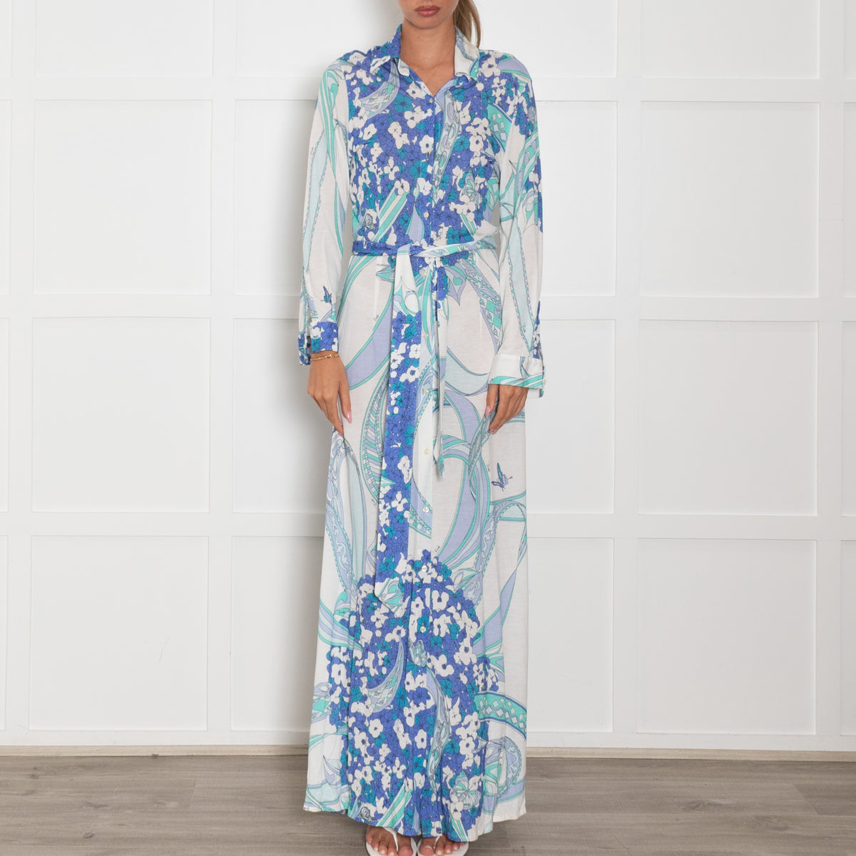 Emilio Pucci White Multi Floral Button Up Front Maxi Dress  UK 12