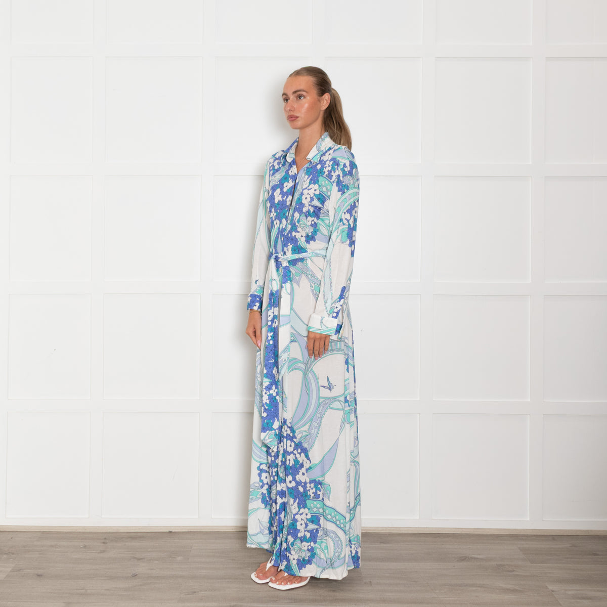 Emilio Pucci White Multi Floral Button Up Front Maxi Dress  UK 12