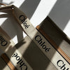 Chloe Neutral Linen Logo Woody  Medium Tote Bag