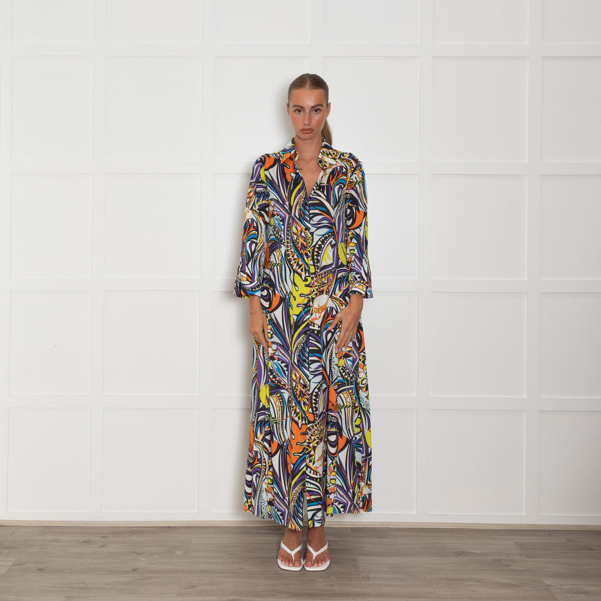 Emilio Pucci White Blue Floral Button Up Long Dress