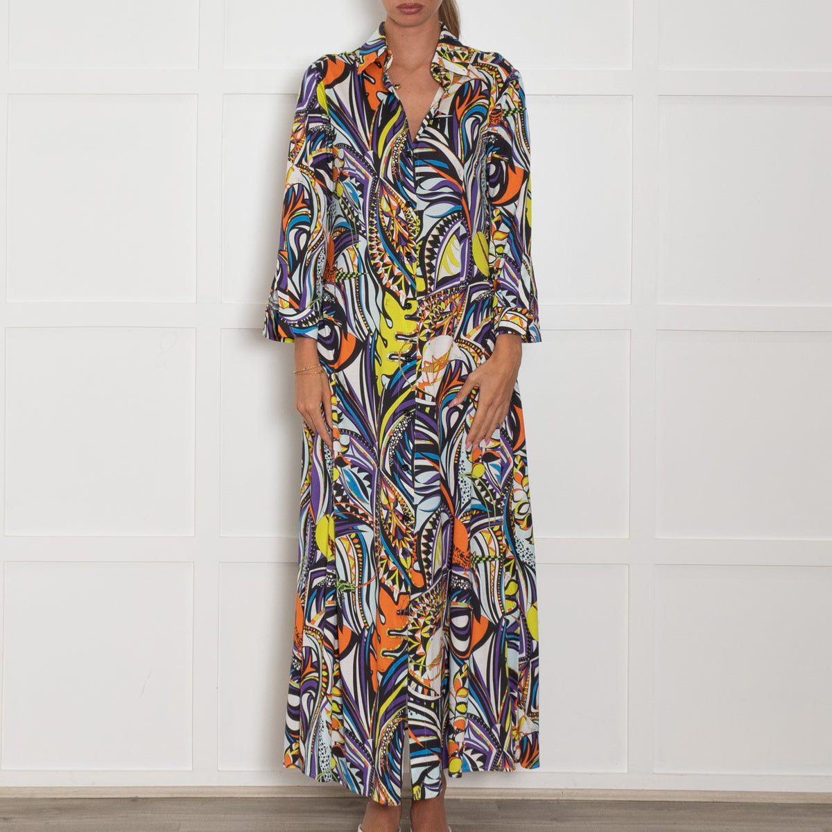 Emilio Pucci White Blue Floral Button Up Long Dress