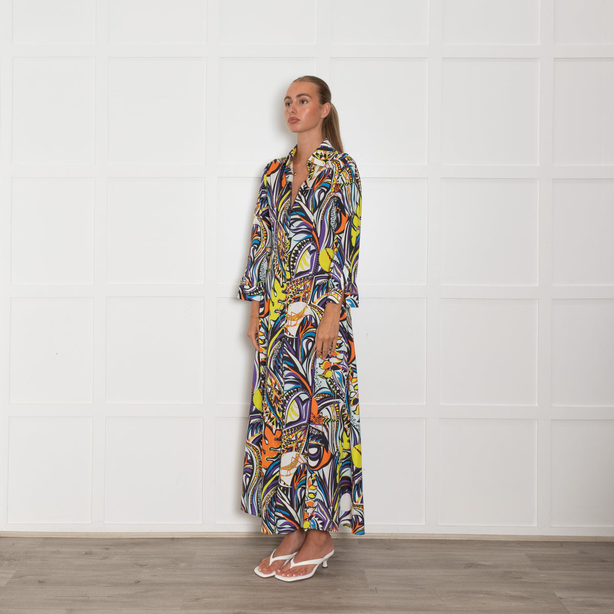 Emilio Pucci White Blue Floral Button Up Long Dress