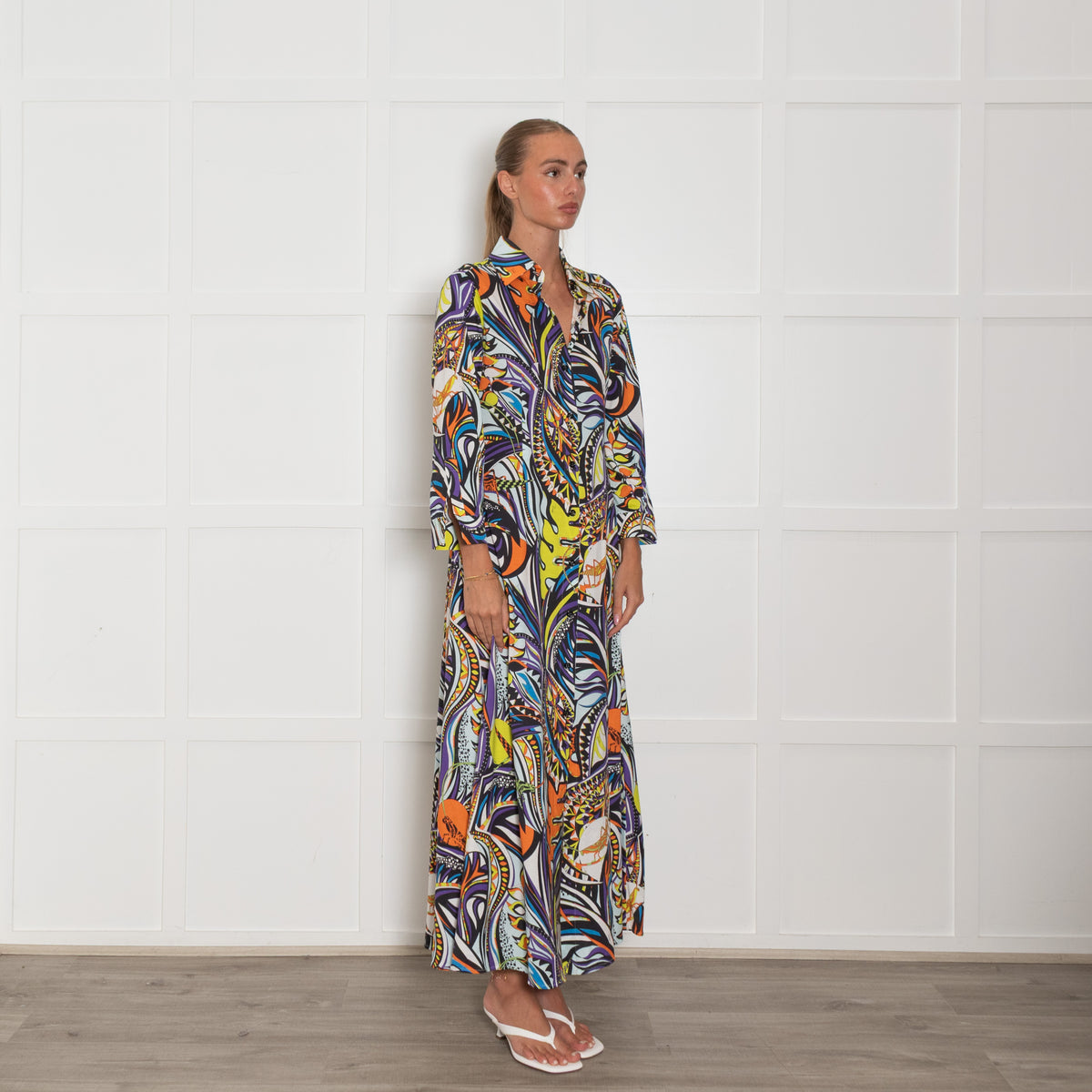 Emilio Pucci White Blue Floral Button Up Long Dress