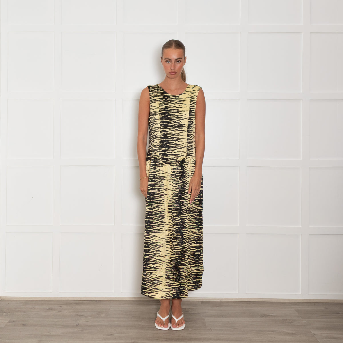 Ganni Yellow Black Zebra Print Sleeveless Maxi Dress