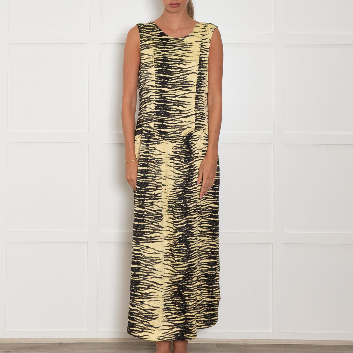 Ganni Yellow Black Zebra Print Sleeveless Maxi Dress
