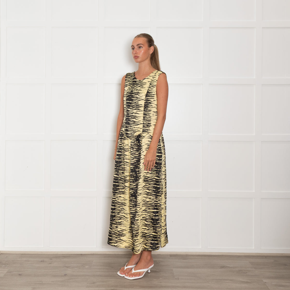 Ganni Yellow Black Zebra Print Sleeveless Maxi Dress