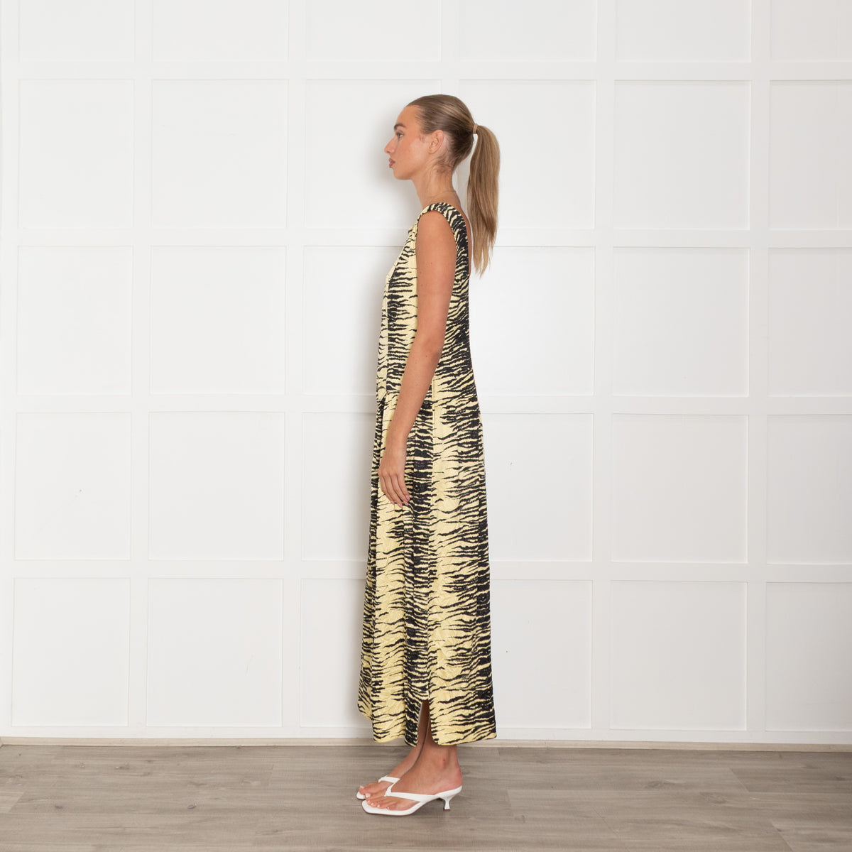 Ganni Yellow Black Zebra Print Sleeveless Maxi Dress