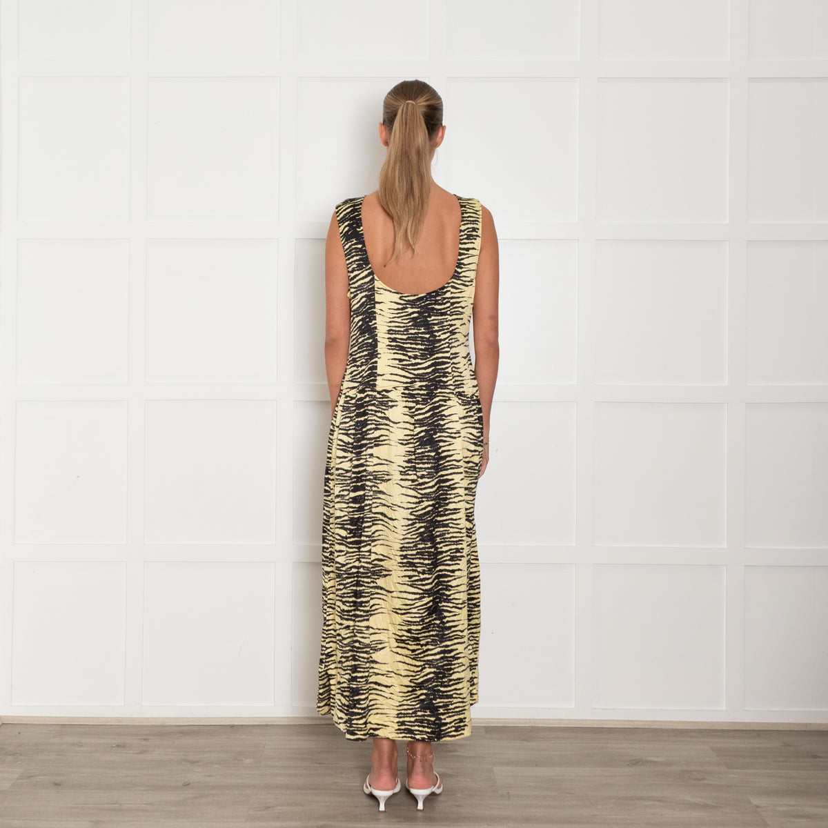 Ganni Yellow Black Zebra Print Sleeveless Maxi Dress