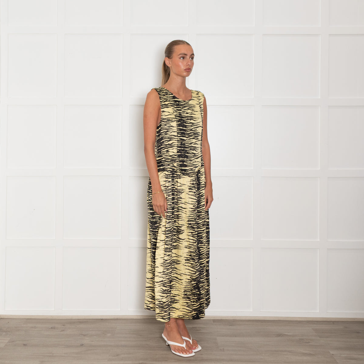 Ganni Yellow Black Zebra Print Sleeveless Maxi Dress