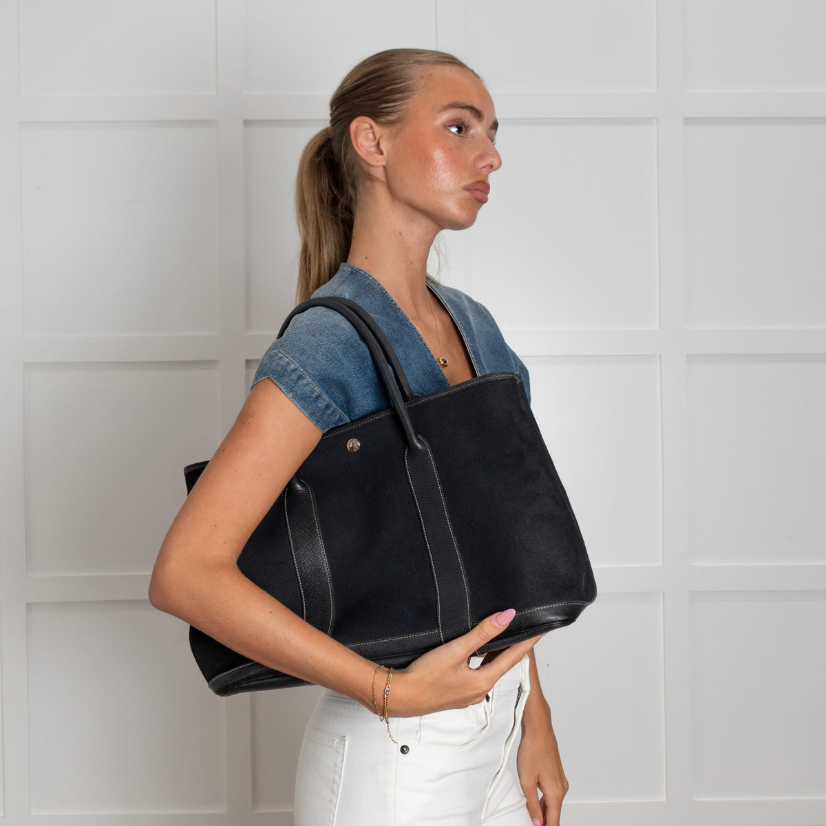 Hermes Black Canvas Garden Party 36 PM Tote Bag