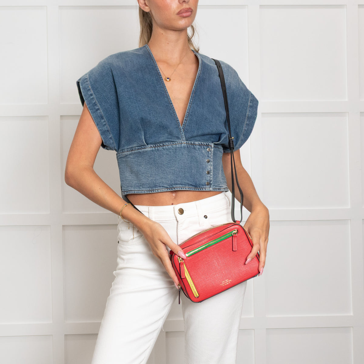 Smythson Red Panama Sliding Strap Crossgrain Leather Crossbody Bag