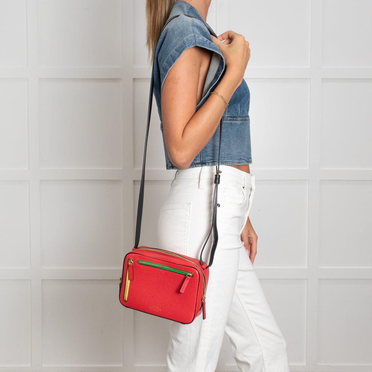 Smythson Red Panama Sliding Strap Crossgrain Leather Crossbody Bag