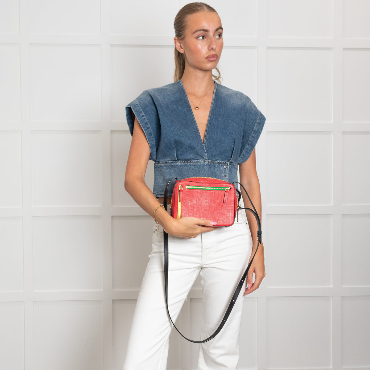 Smythson Red Panama Sliding Strap Crossgrain Leather Crossbody Bag