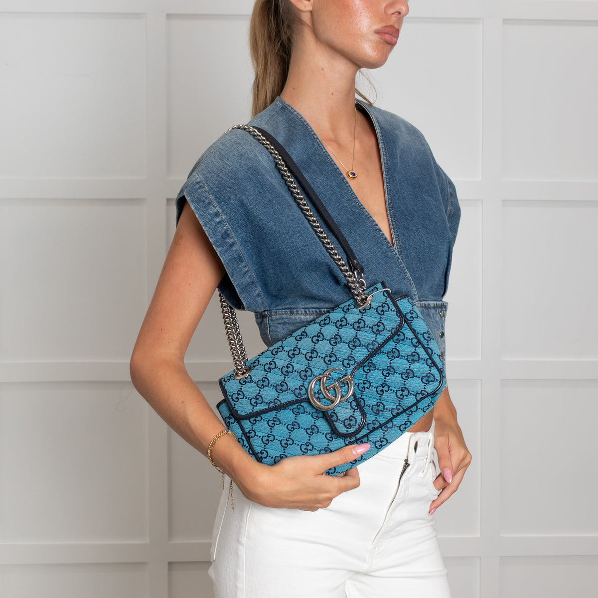 Gucci Medium Blue GG Marmont Diagonal Canvas Bag