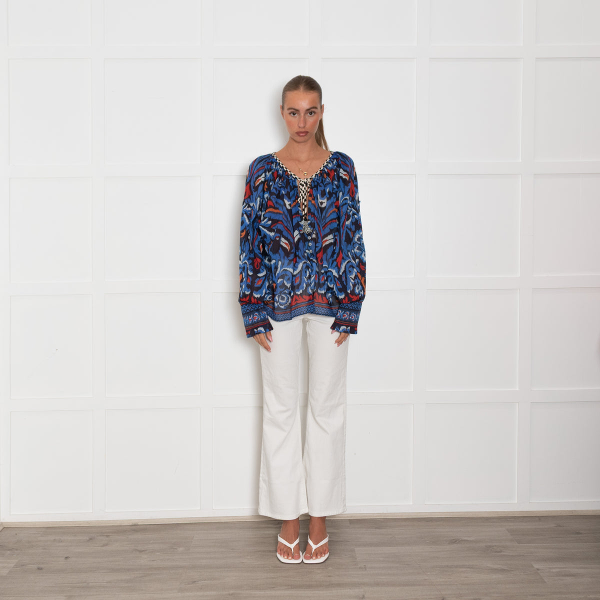 Farm Rio Blue Black White Bird Print Oversized Top