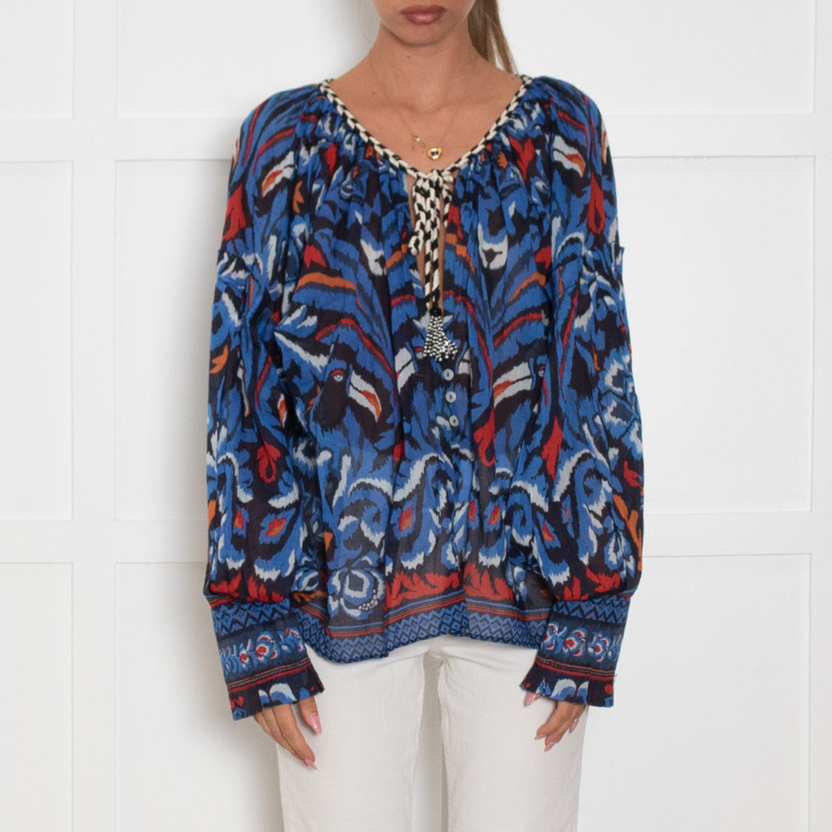 Farm Rio Blue Black White Bird Print Oversized Top