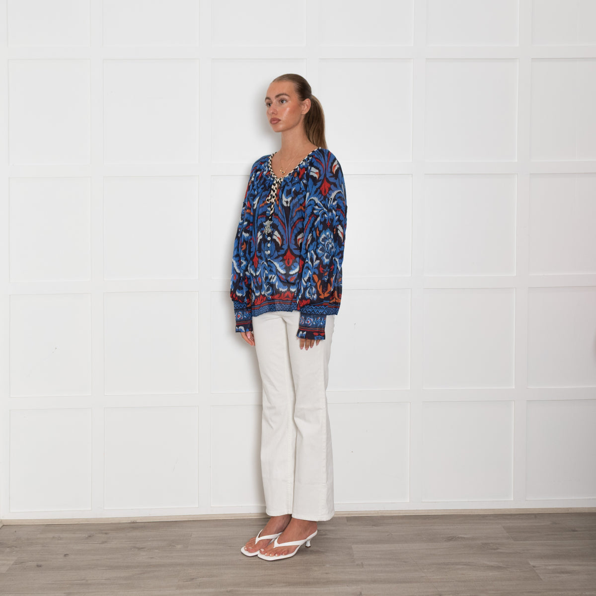 Farm Rio Blue Black White Bird Print Oversized Top
