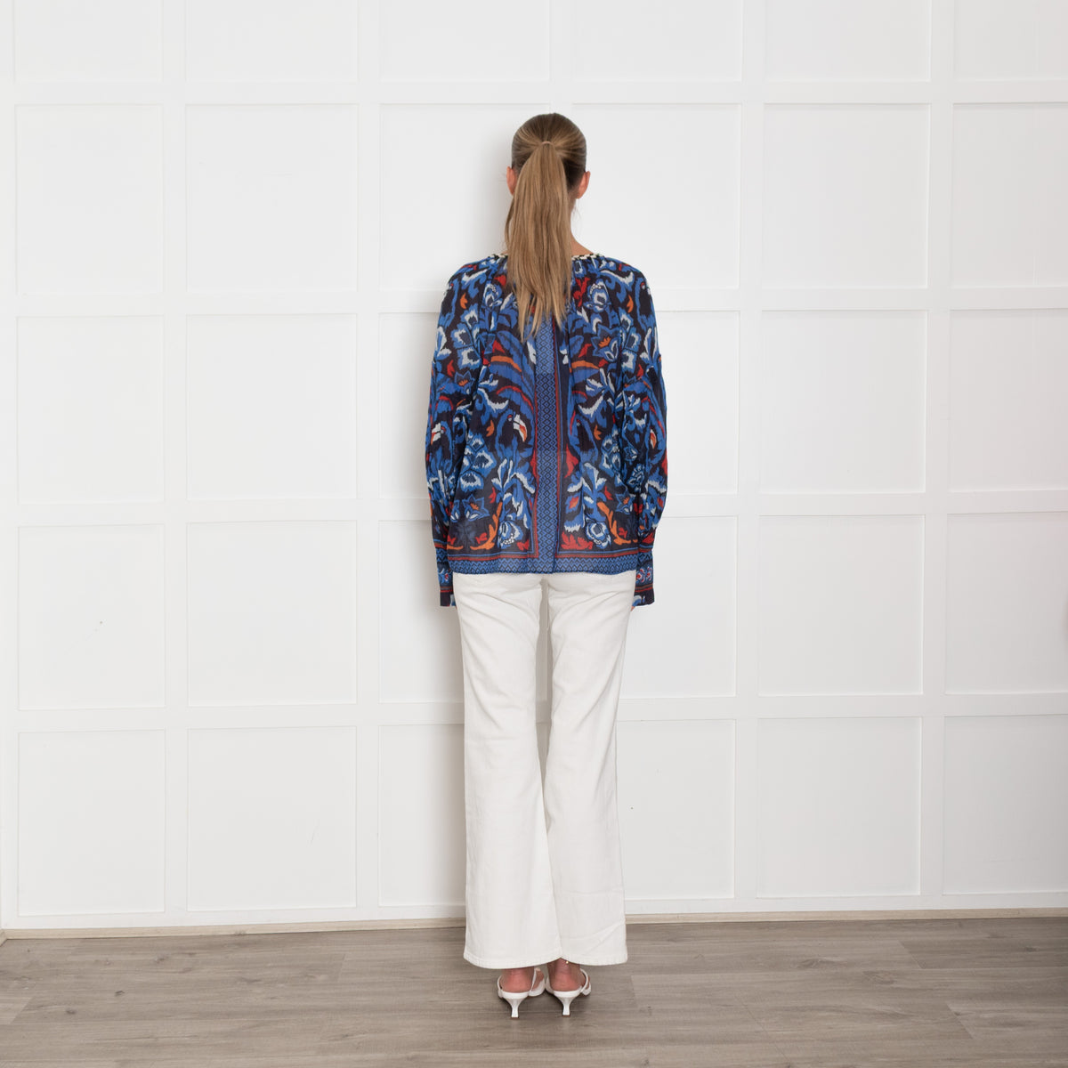 Farm Rio Blue Black White Bird Print Oversized Top