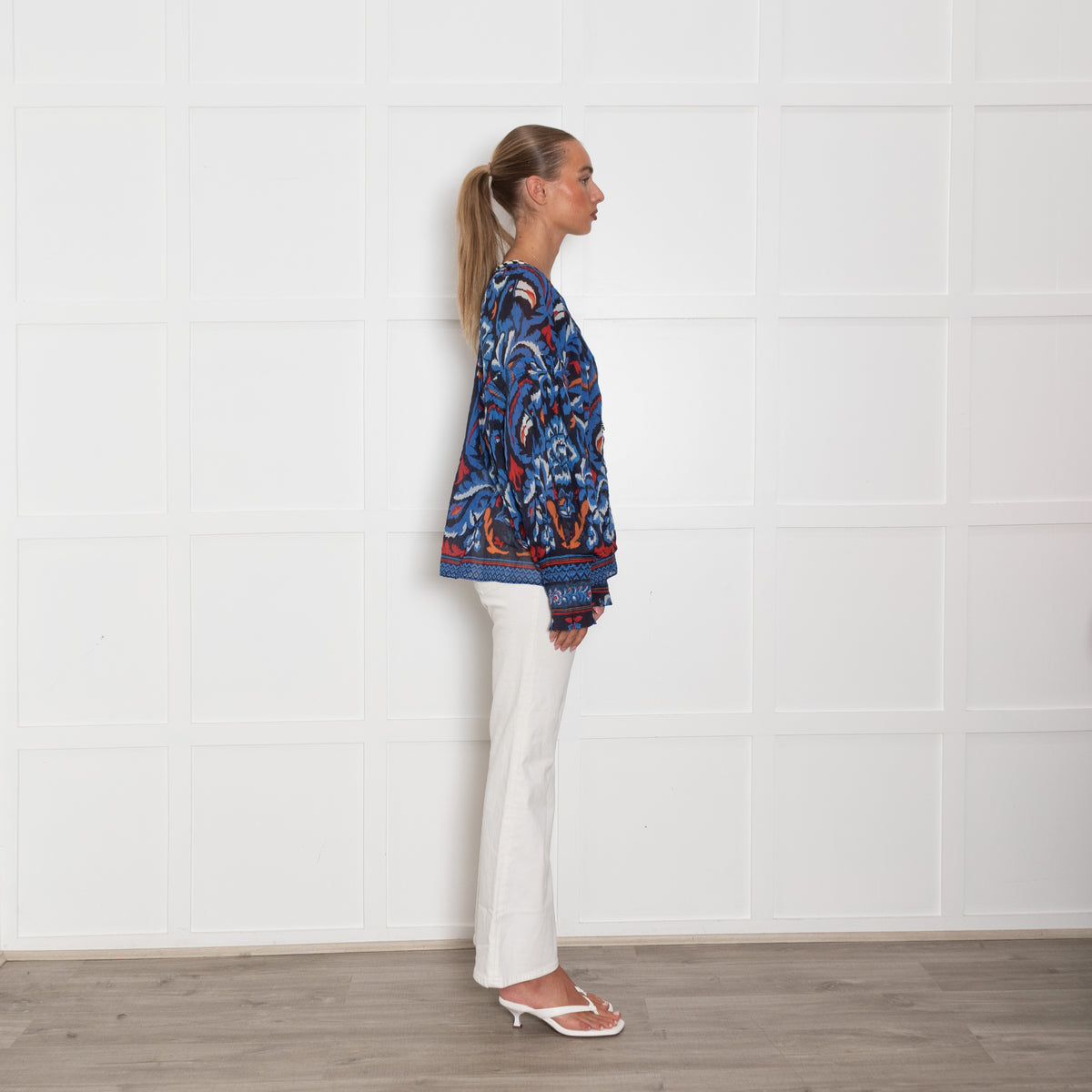 Farm Rio Blue Black White Bird Print Oversized Top