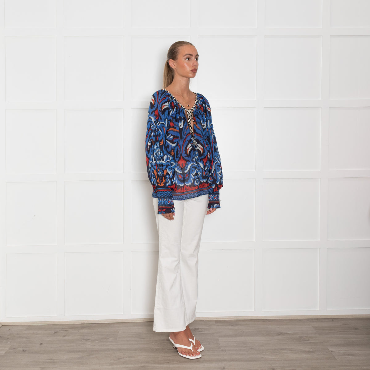 Farm Rio Blue Black White Bird Print Oversized Top