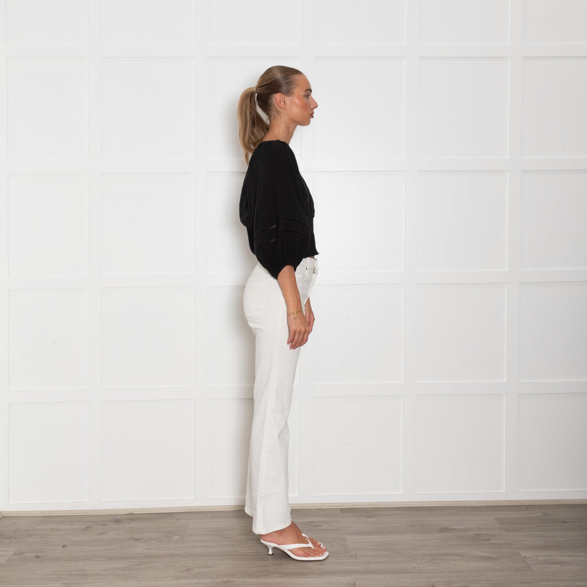 Me + Em Black Cotton Cropped Puff Sleeve Top