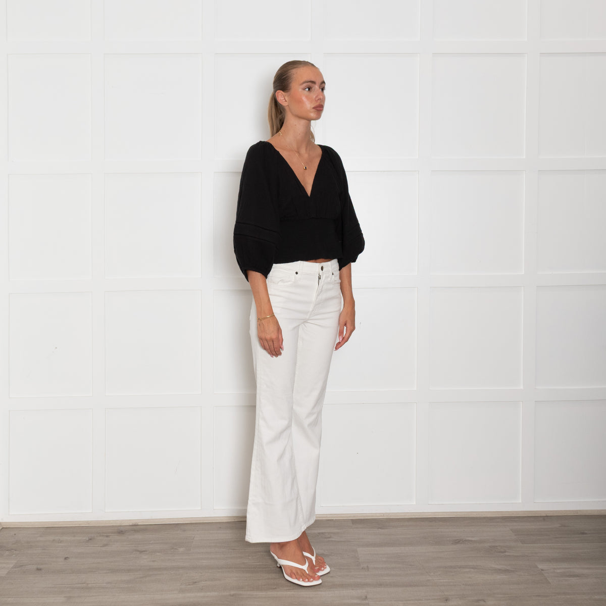 Me + Em Black Cotton Cropped Puff Sleeve Top