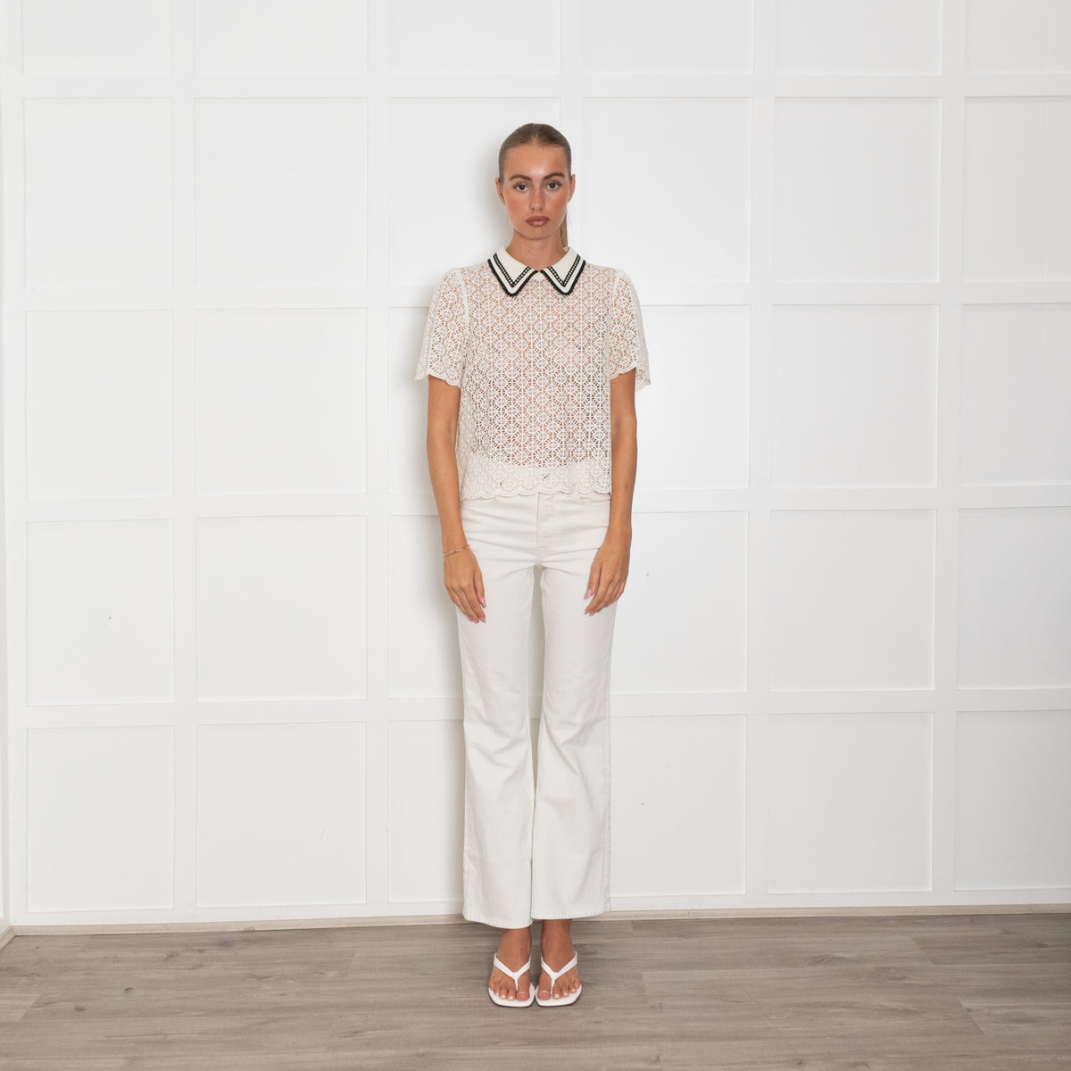 Me & Em Cream Lace Black Trim Collar Top