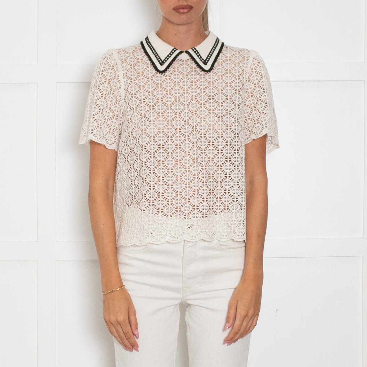 Me & Em Cream Lace Black Trim Collar Top