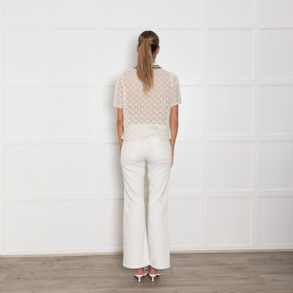 Me & Em Cream Lace Black Trim Collar Top