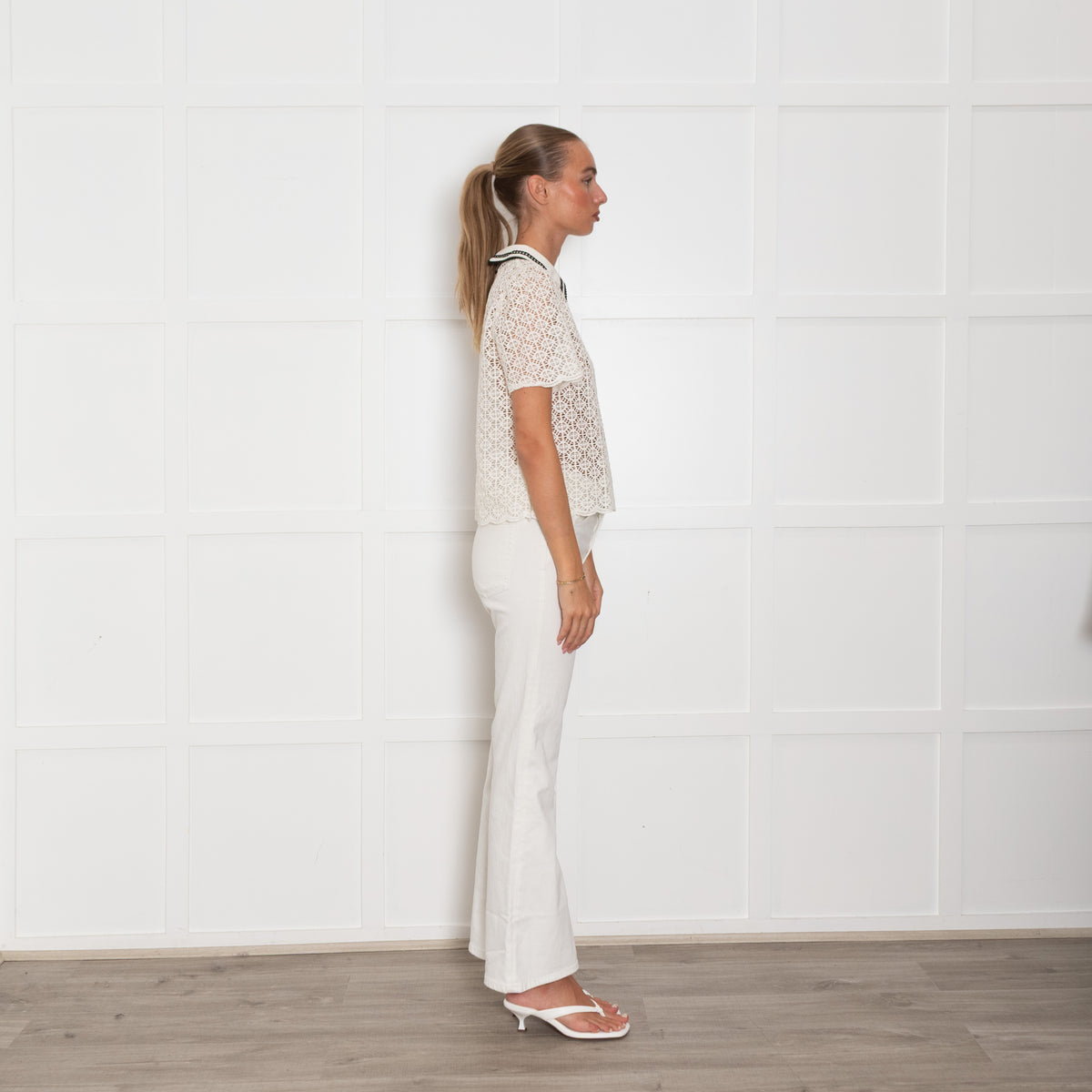 Me & Em Cream Lace Black Trim Collar Top