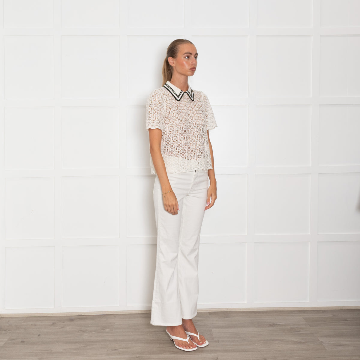 Me & Em Cream Lace Black Trim Collar Top