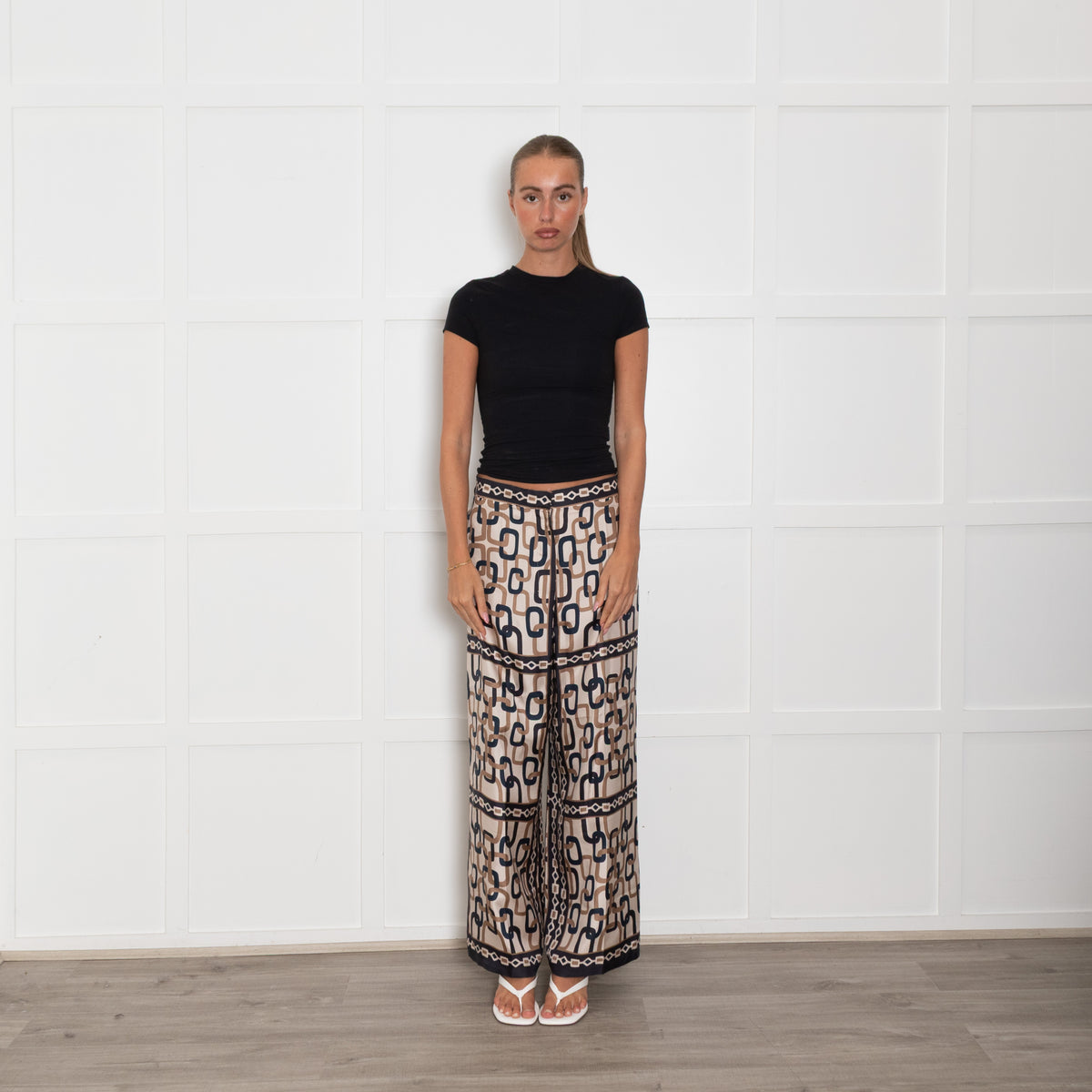 S Max Mara Beige Navy Link Print Silk Trousers