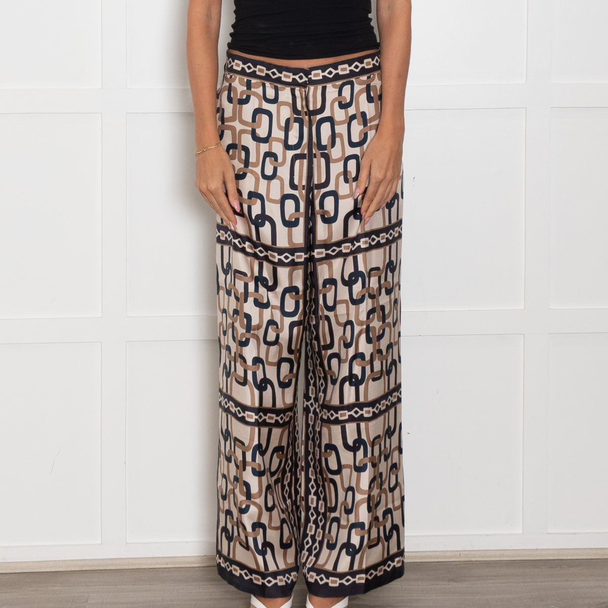 S Max Mara Beige Navy Link Print Silk Trousers