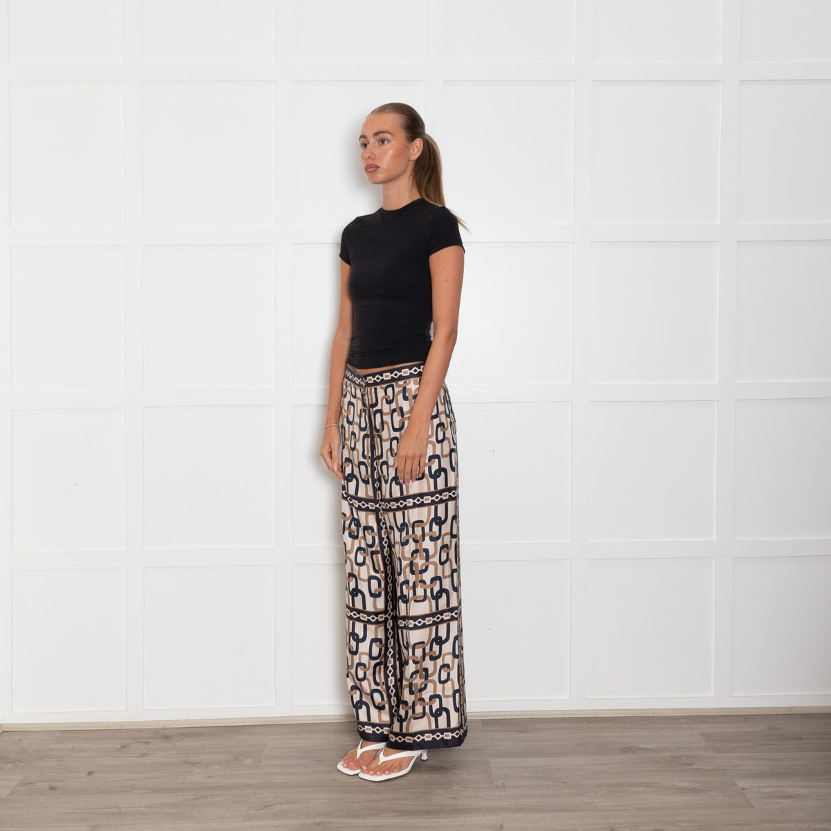 S Max Mara Beige Navy Link Print Silk Trousers