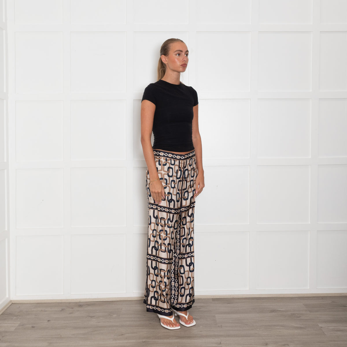 S Max Mara Beige Navy Link Print Silk Trousers