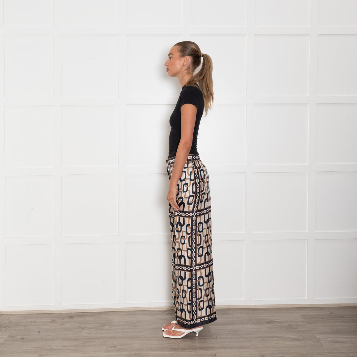 S Max Mara Beige Navy Link Print Silk Trousers