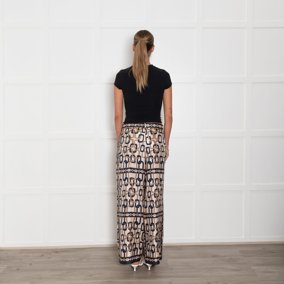 S Max Mara Beige Navy Link Print Silk Trousers
