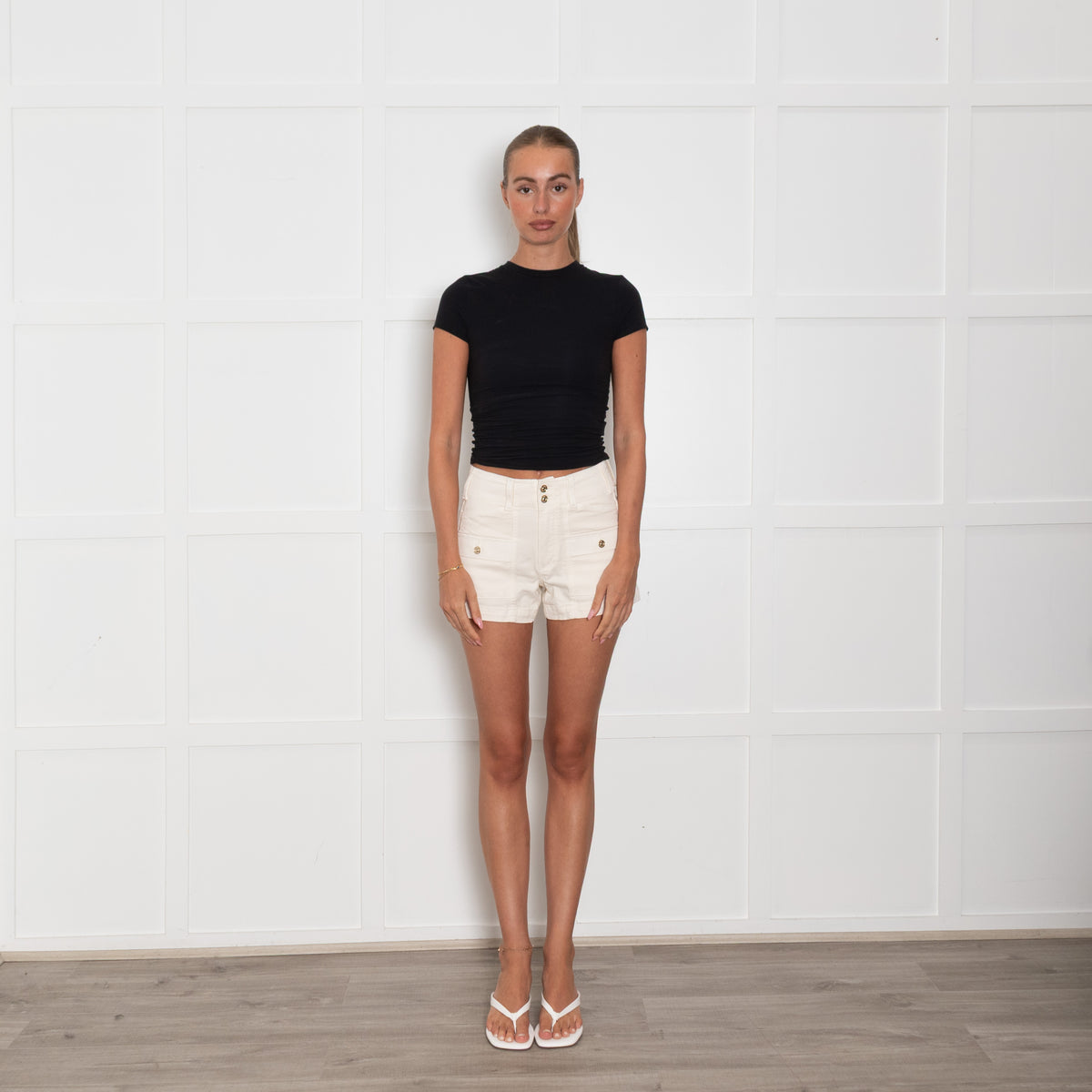 Paige Cream Stretchy Denim Shorts