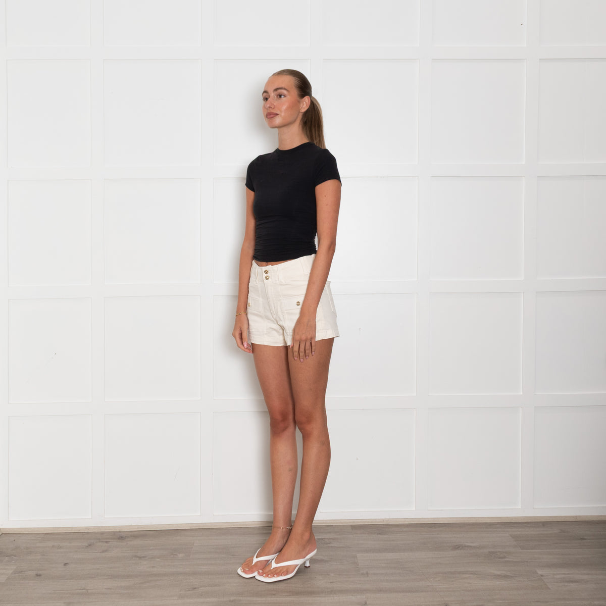 Paige Cream Stretchy Denim Shorts