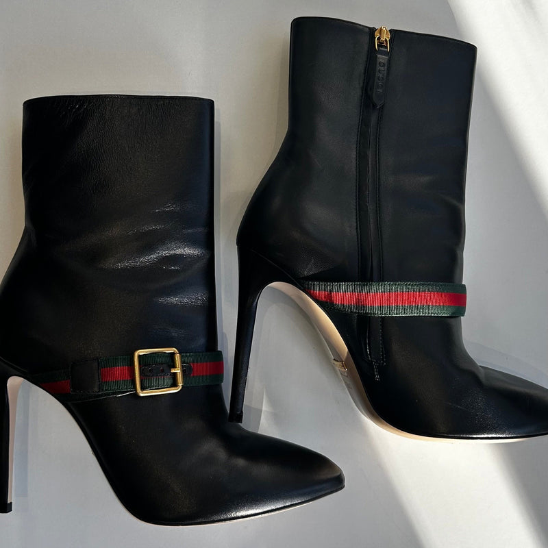 Gucci Black Charlotte Boots Red Green Gross Grain With Buckle