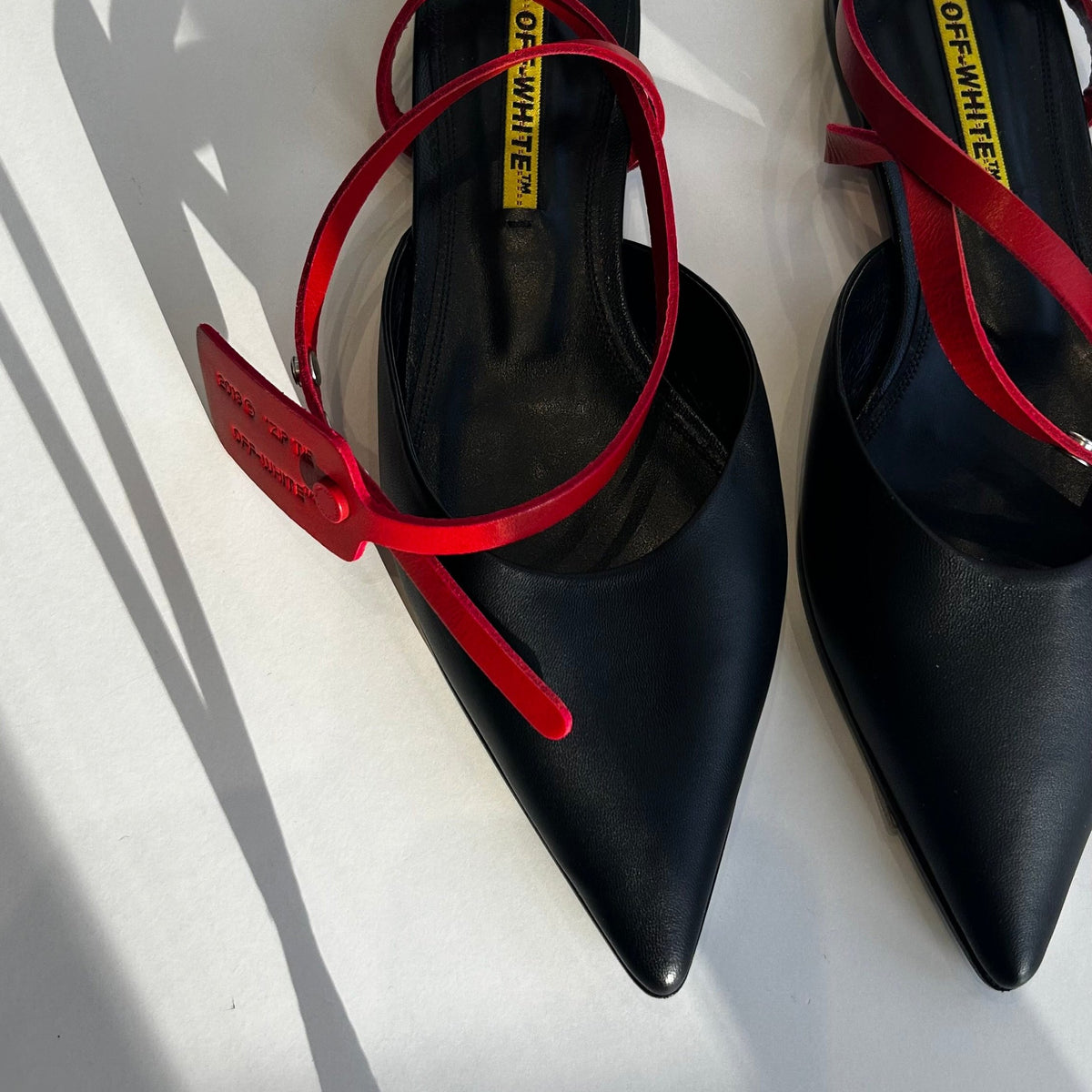 Off-White Flat Black Pointed Shoes with Wrap Around Ankle