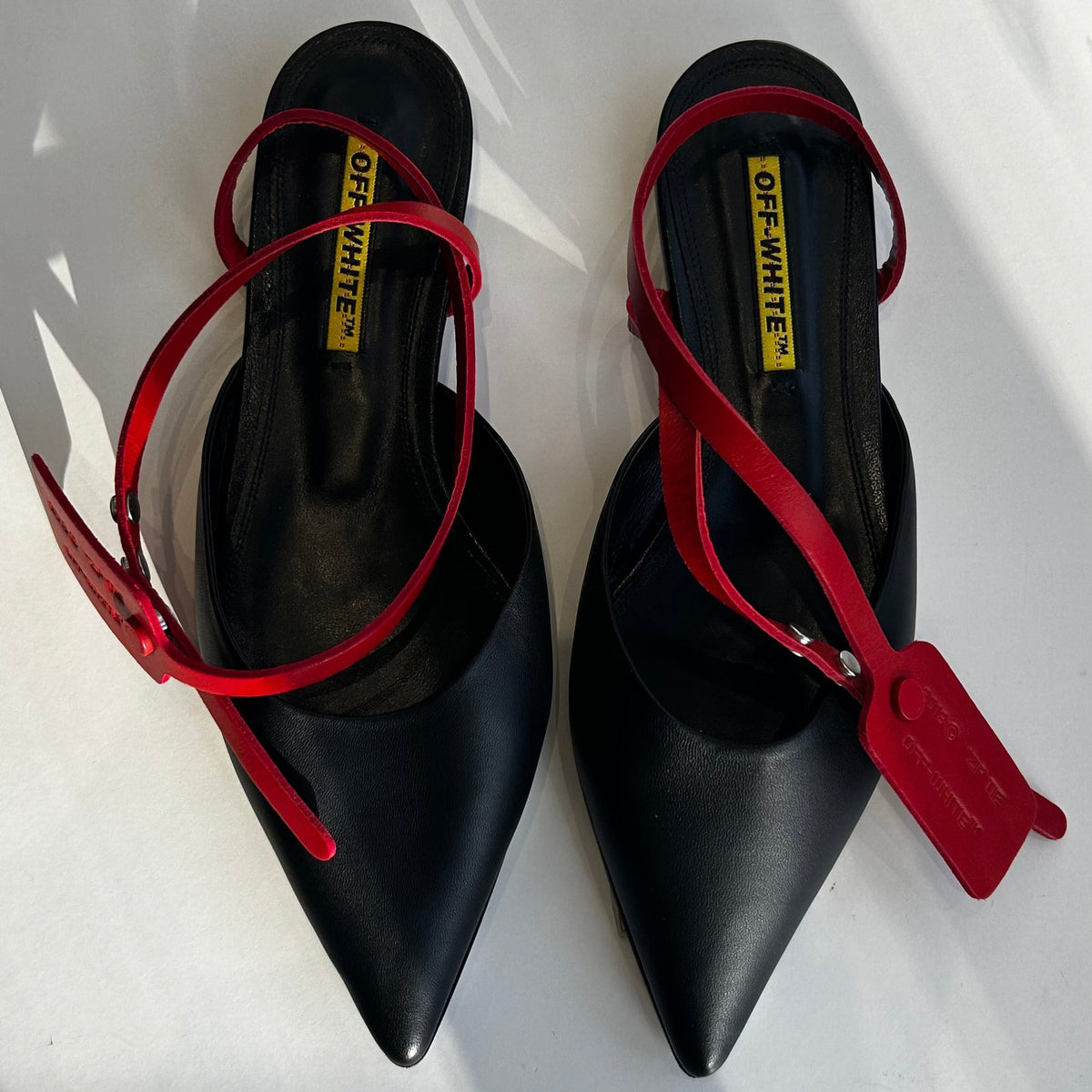 Off-White Flat Black Pointed Shoes with Wrap Around Ankle