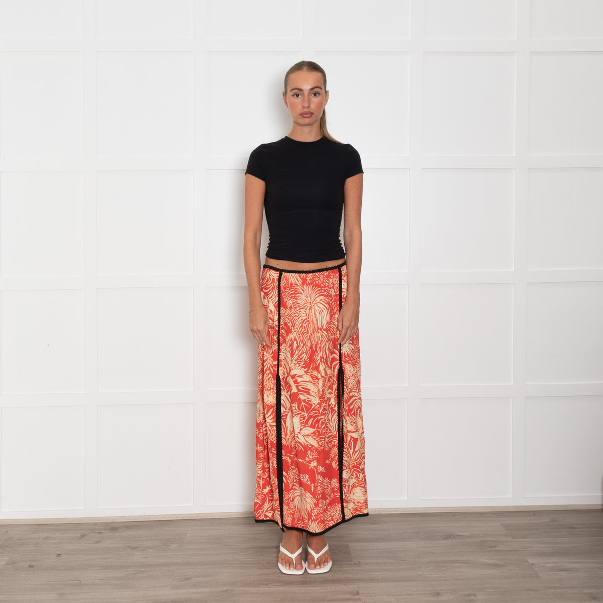 Rixo Orange Cream Palm Print Black Trim Skirt