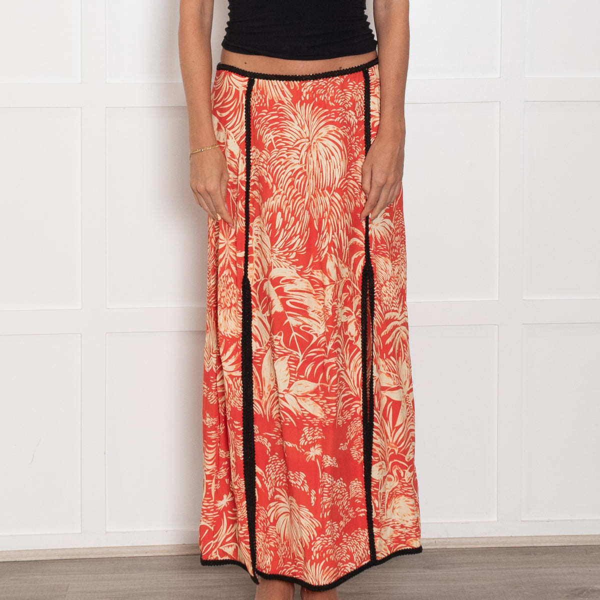 Rixo Orange Cream Palm Print Black Trim Skirt